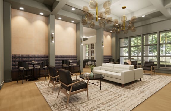 A modern living room with a white sofa and a wooden floor at Grays Creek Apartments, Cordova, TN, 38018