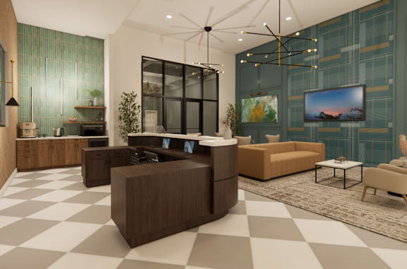 A modern living room with a black and white checkered floor at Grays Creek Apartments, Cordova, TN