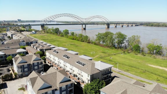 View of the Mississippi River and Hernando do Soto Bridge at Harbor Island located in Memphis, TN 38103