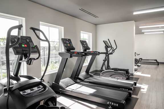 A gym with treadmills and elliptical machines at Harbor Side at Conwood Flats Apartments in Uptown Memphis, TN