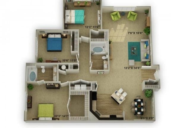 3 bed 2 bath Legend with Sunroom Floor Plan at Legends at Chatham Apartments, Savannah