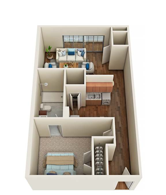 Floor Plan  A top down view of a small apartment with a bedroom, living room, and kitchen.