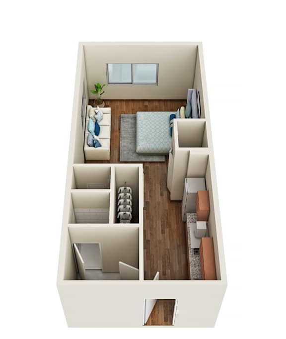 Floor Plan  A 3D floor plan of a small apartment with a living room, kitchen, and bathroom.