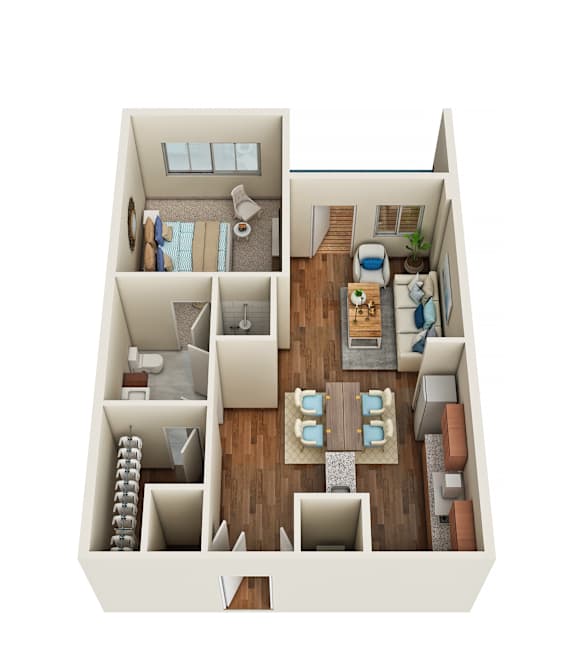 Floor Plan  A 3D floor plan of a small apartment with a kitchen, living room, and bedroom.