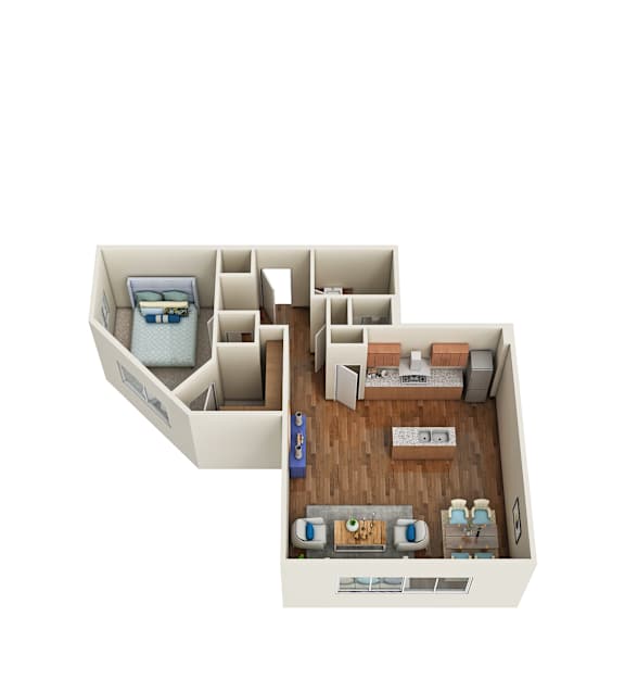 Floor Plan  A 3D floor plan of a small apartment with a bedroom, living room, and kitchen.