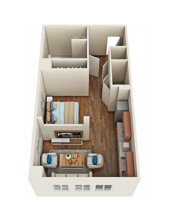 Floor Plan  A top down view of a living room with a couch, coffee table, and television.
