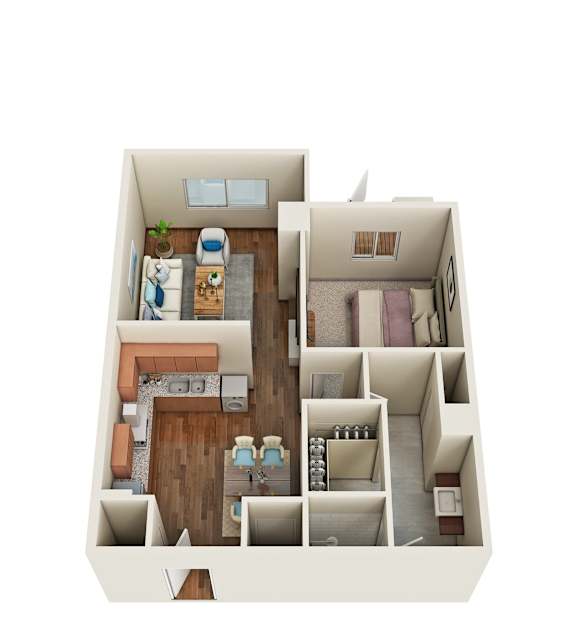 Floor Plan  A top-down view of a two-bedroom apartment with a living room, kitchen, and bathroom.
