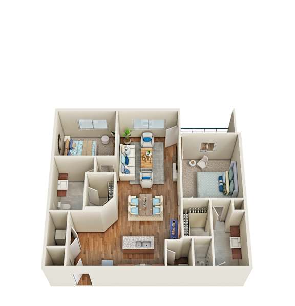 Floor Plan  A top-down view of a house interior with a kitchen, living room, and bedrooms.