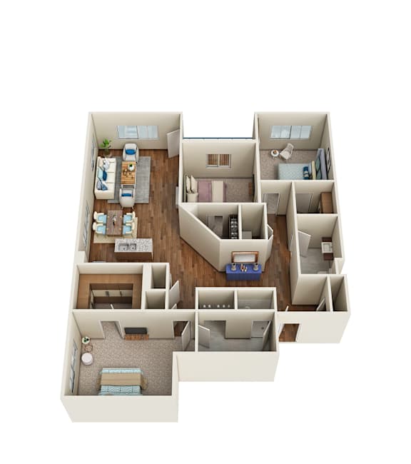 Floor Plan  A 3D floor plan of a multi-room apartment.