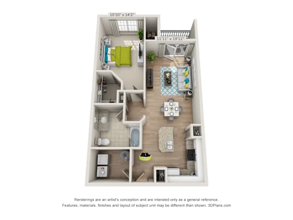A 3D floor plan of a small apartment with a kitchen, living room, and bedroom.