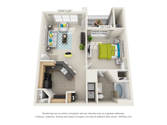 A 3D floor plan of a small apartment with a kitchen, living room, and bathroom.