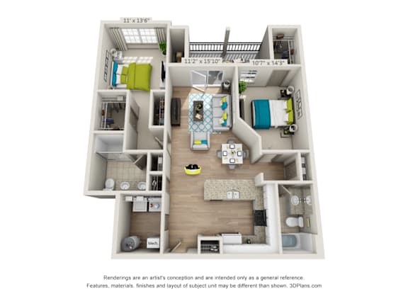 A 3D floor plan of a small apartment with a kitchen, living room, and bathroom.