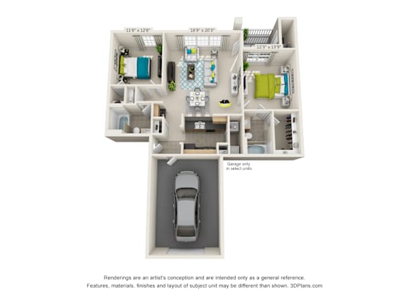 A 3D floor plan of a house with a garage and a car.