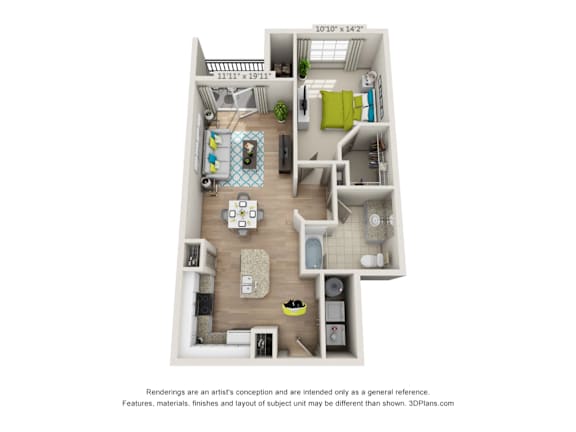 A 3D floor plan of a small apartment with a kitchen, living room, and bathroom.