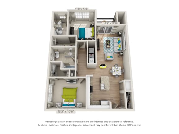 A 3D floor plan of a small apartment with a kitchen, living room, and bathroom.