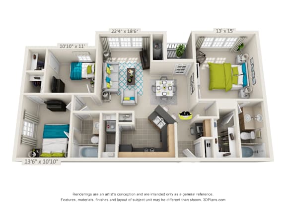 A 3D floor plan of a small apartment with a kitchen, living room, and bathroom.