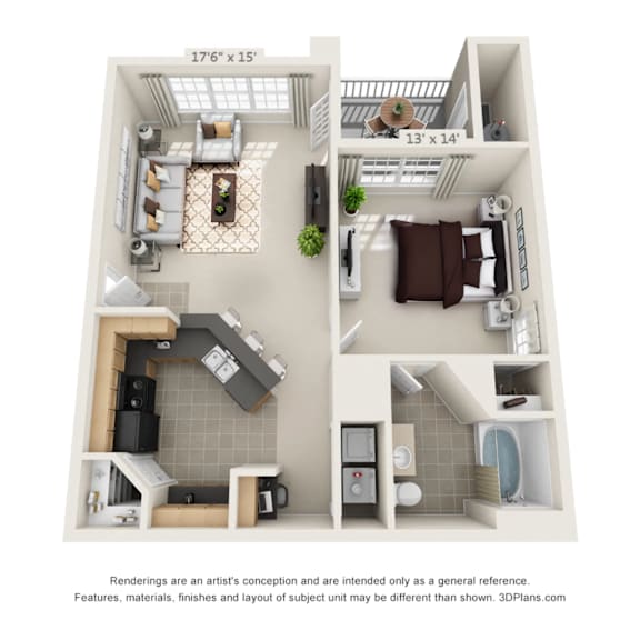 Floor Plan  A 3D floor plan of a small apartment with a living room, kitchen, and bathroom.