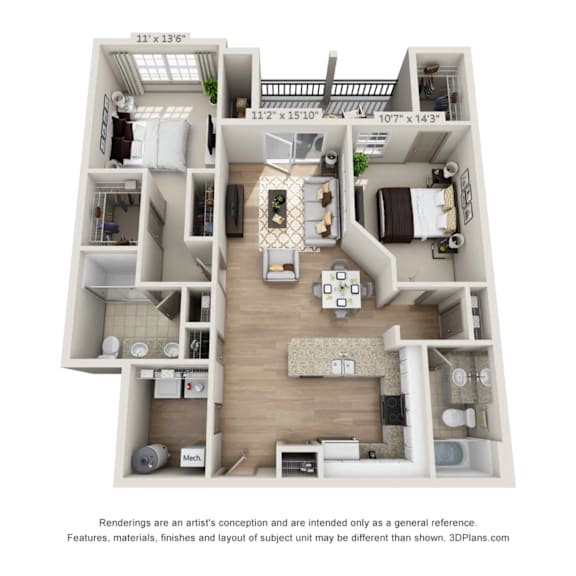 Floor Plan  A 3D floor plan of a small apartment with a kitchen, living room, and two bedrooms.