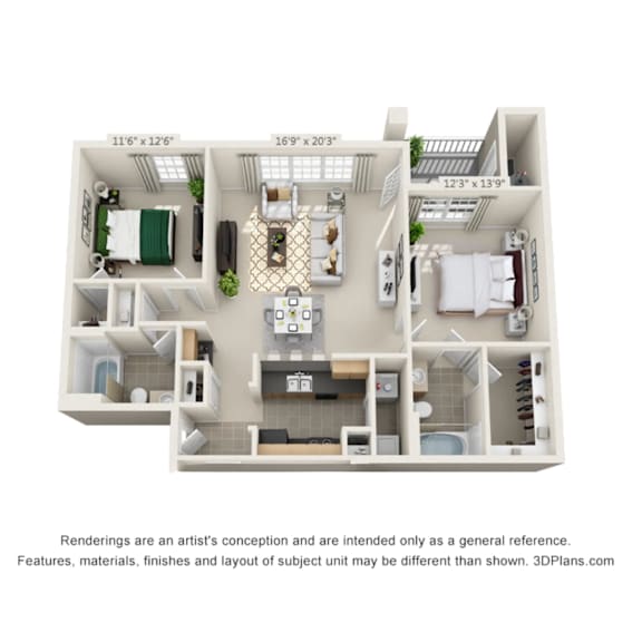 Floor Plan  A 3D floor plan of a house with a kitchen, living room, and two bedrooms.