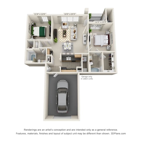 A 3D floor plan of an apartment with a garage.