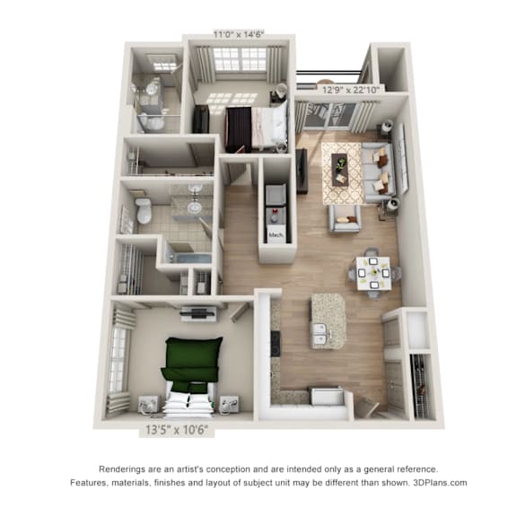 Floor Plan  A 3D floor plan of an apartment with a living room, kitchen, and two bedrooms.