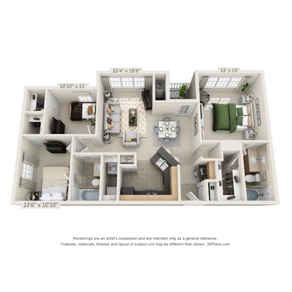 Floor Plan  A 3D floor plan of a small apartment with a kitchen, living room, and two bedrooms.