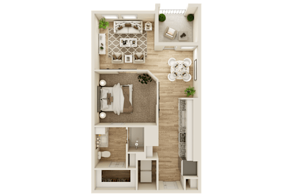 A top-down view of a house layout with a living room, kitchen, dining area, and bedrooms.