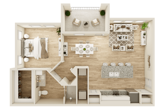 A top-down view of a well-organized apartment layout.