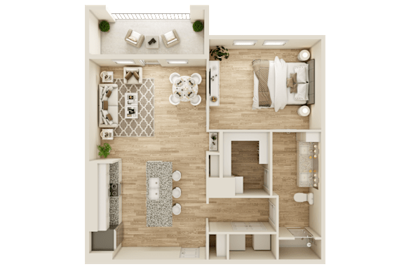 A top-down view of a small apartment with a kitchen, living room, and bathroom.