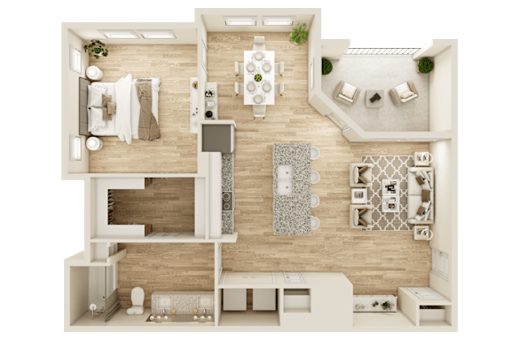 A top-down view of a house layout with a kitchen, dining area, living room, and bathroom.