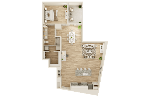 3D floor plan with living area and bedroom at The Ovilla at Legacy Square Apartments, Red Oak