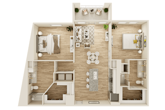 3D floor plan with two bedrooms and two bathrooms at The Ovilla at Legacy Square Apartments, Texas