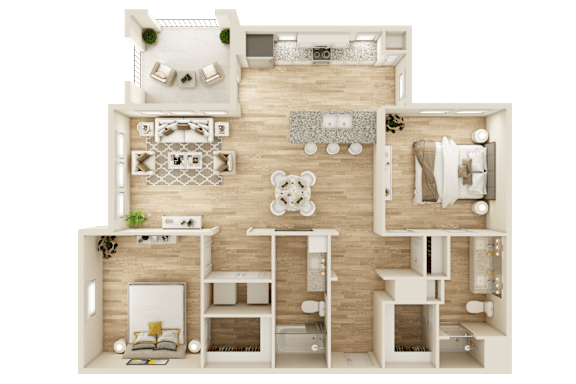 A 3D rendered image of a house layout.