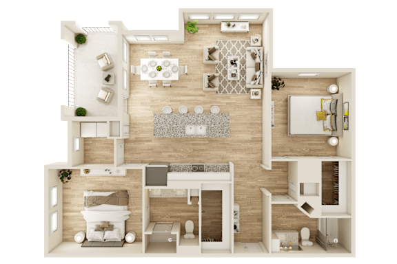 A 3D floor plan of a house with a living room, dining room, kitchen, and two bedrooms.