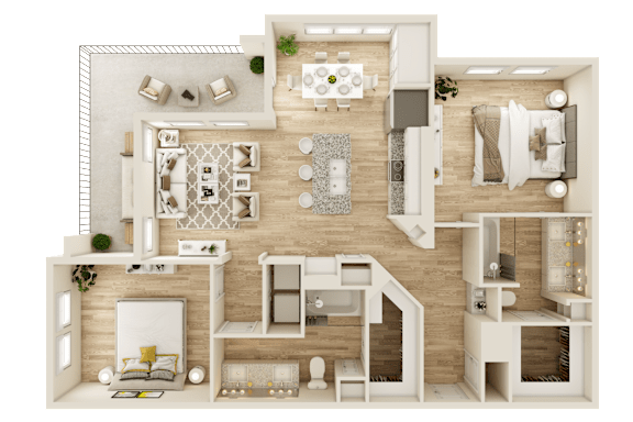 3D floor plan with two bedrooms and dining room at The Ovilla at Legacy Square Apartments, Red Oak, 75154