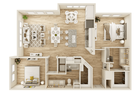 3D floor plan with two bedrooms and open kitchen at The Ovilla at Legacy Square Apartments, Red Oak, Texas