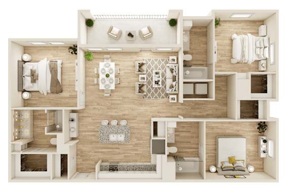 3D floor plan with two bedrooms and central kitchen at The Ovilla at Legacy Square Apartments, Red Oak