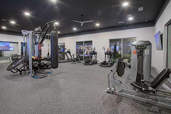 A gym with a variety of equipment including a leg press machine, a chest press machine, and a squat rack.