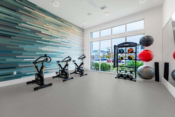 A gym with exercise equipment and a colorful wall.