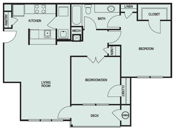 floor plan of a B1, The Commerce which is a 2 bedroom with one bathroom and is 927 square feet  at Park Summit in Decatur GA