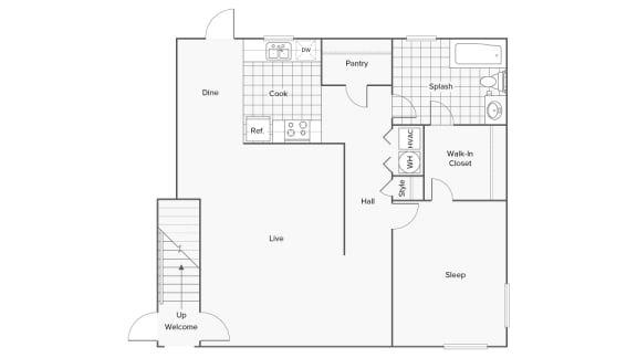 Floor plan diagram for unit 624 at Venue at Carrollton Apartments, Carrollton, GA