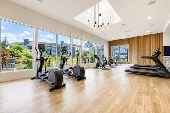 A gym with treadmills, elliptical machines and a wooden floor.