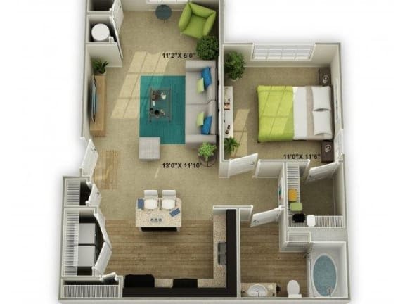 1 bed 1 bath Savannah with Sunroom  Floor Plan at Legends at Chatham Apartments, Savannah