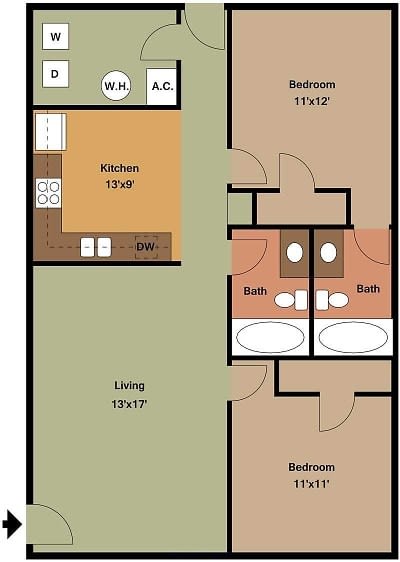 Floor Plan  2 bed 2 bath Woodward Floor Planat Serene at Creekstone Apartments, Athens, GA, 30601