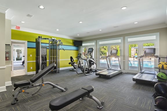 Fitness Center with Cardio Machine located at St. Andrews Apartments in Johns Creek, GA 30022