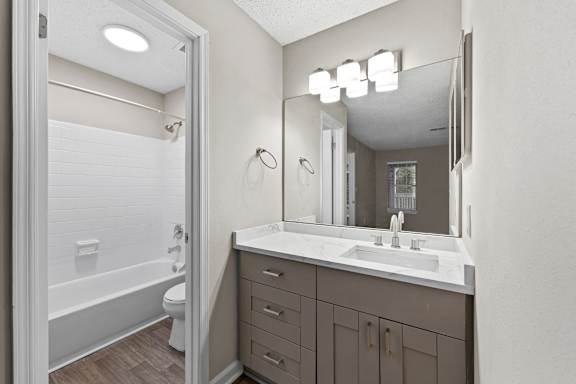bathroom with silver cabinet and mirror at Station Heights, Alpharetta, GA 30022