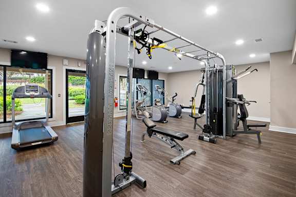 Gym with wooden floor at Station Heights, Alpharetta, GA