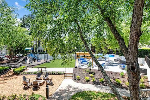 Top view of playground, fireplace and patio at Station Heights, Alpharetta Georgia