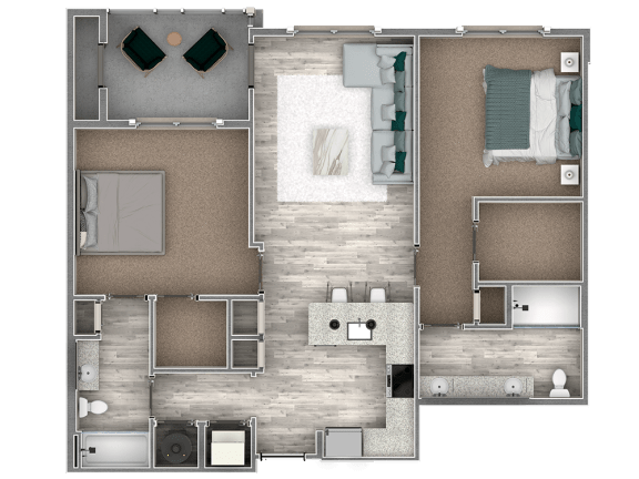 2 bedroom 2 bathroom floor plan bat The Beck at Hidden River Apartments, Tampa, FL,  33637