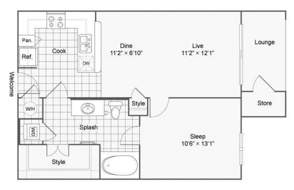 A1 one bedroom one bathroom 677 sq ft at The Haven, Atlanta Georgia